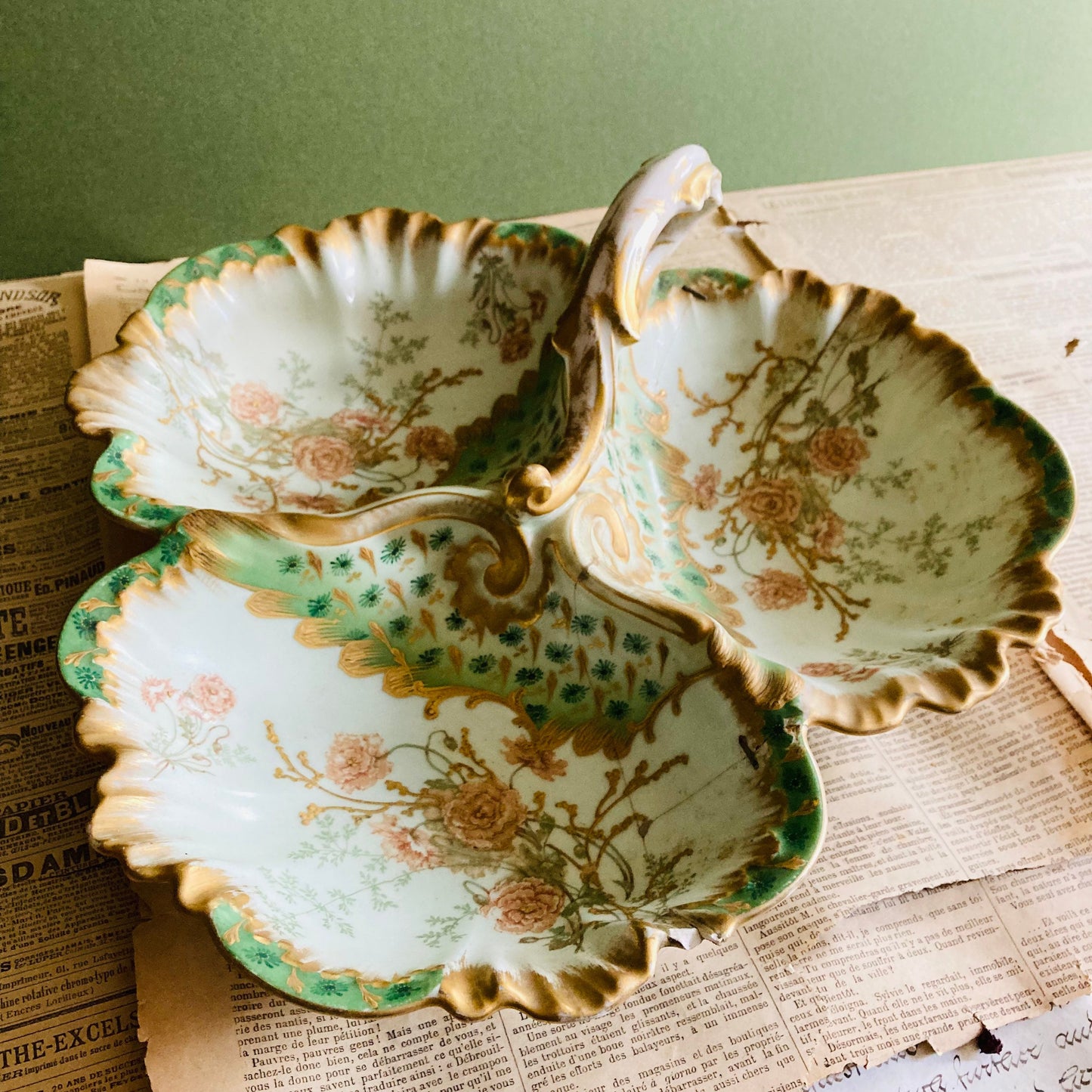 Antique Limoges Three Section Serving Dish with Rivet Staple Repairs