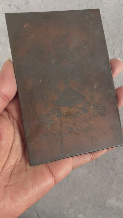 Antique Etched Copper Printing Plate Of Coat of arms for the Platt family