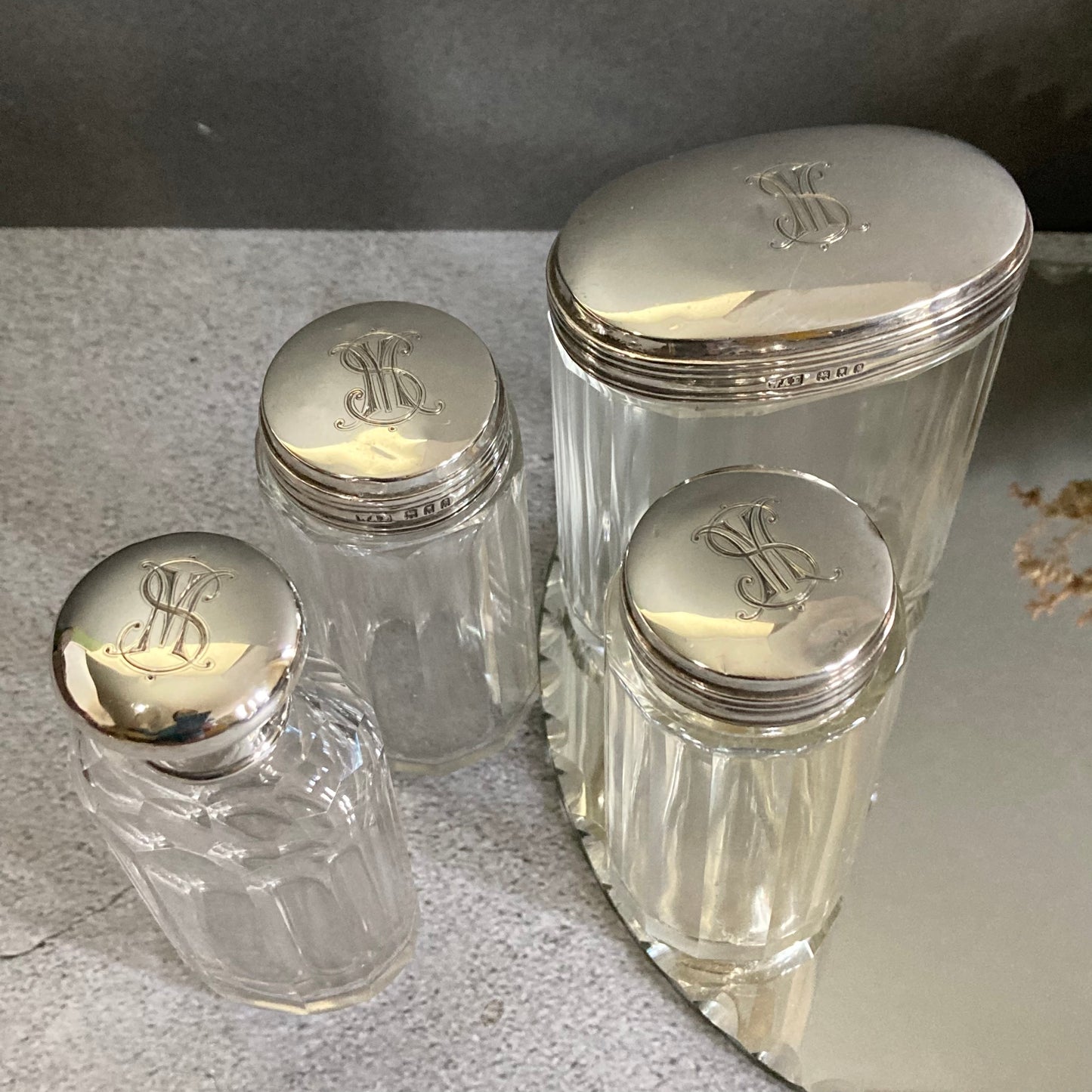 Antique Vanity Glass Jars. Solid Silver Lids. 1922 London