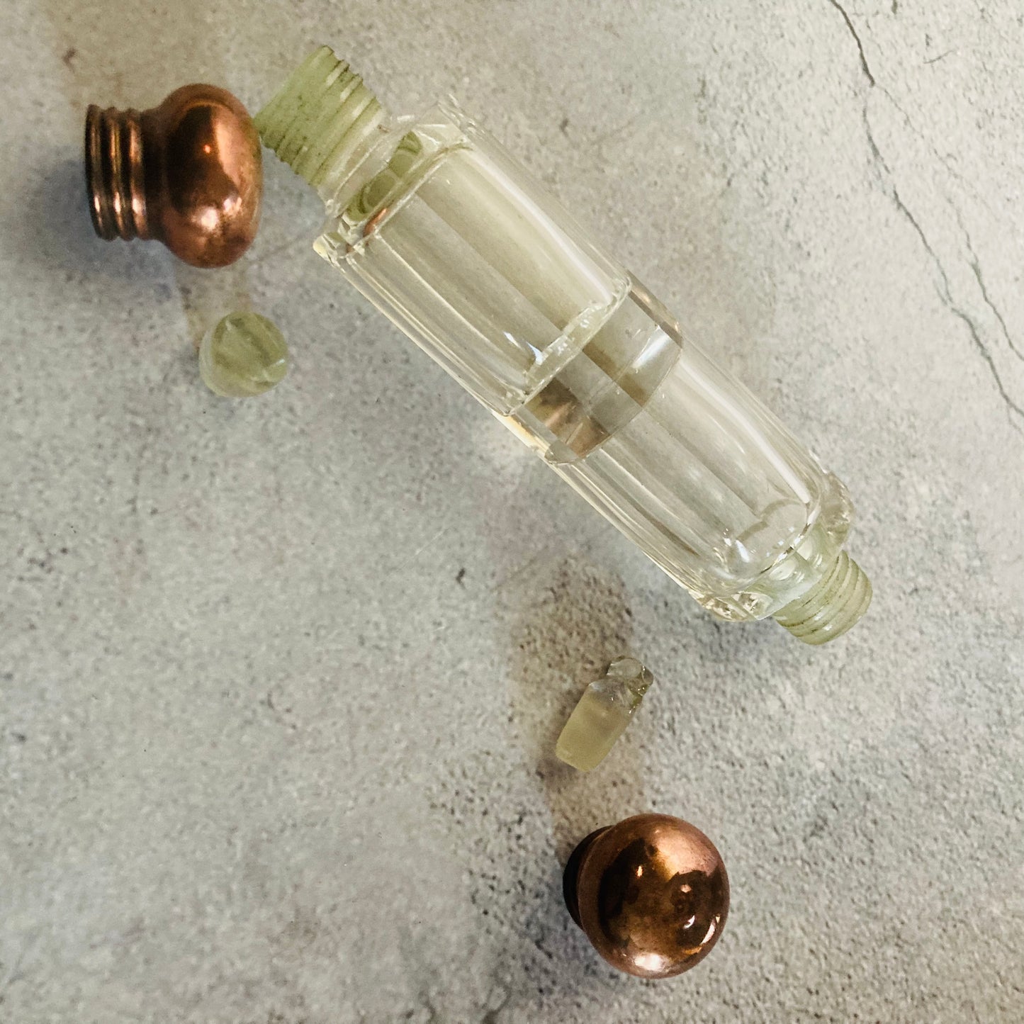 Unusual Antique Glass Double Ended Scent Bottle with Copper Lid