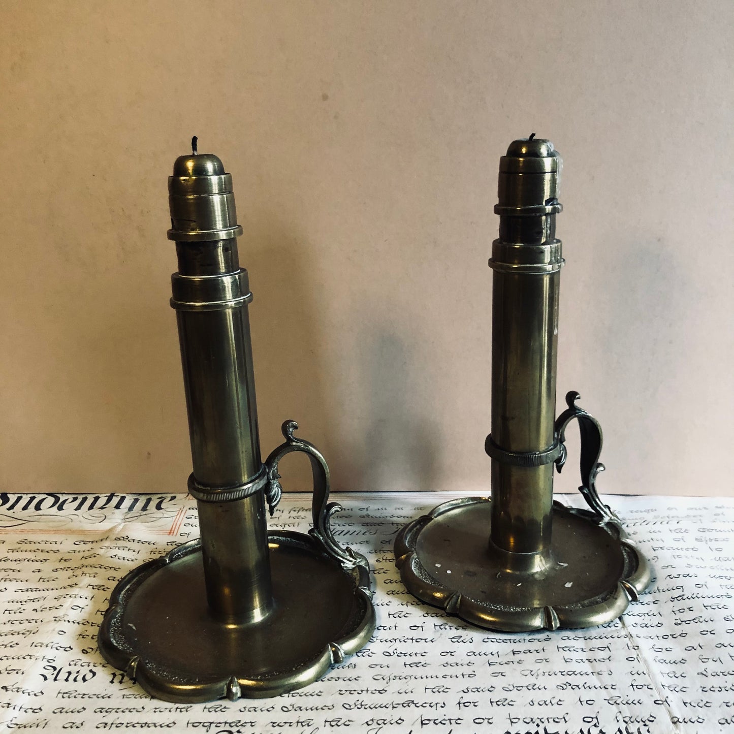 Antique Brass Spring Loaded Candlesticks