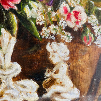 Vintage Pink Carnations Flowers with Cherub on Board