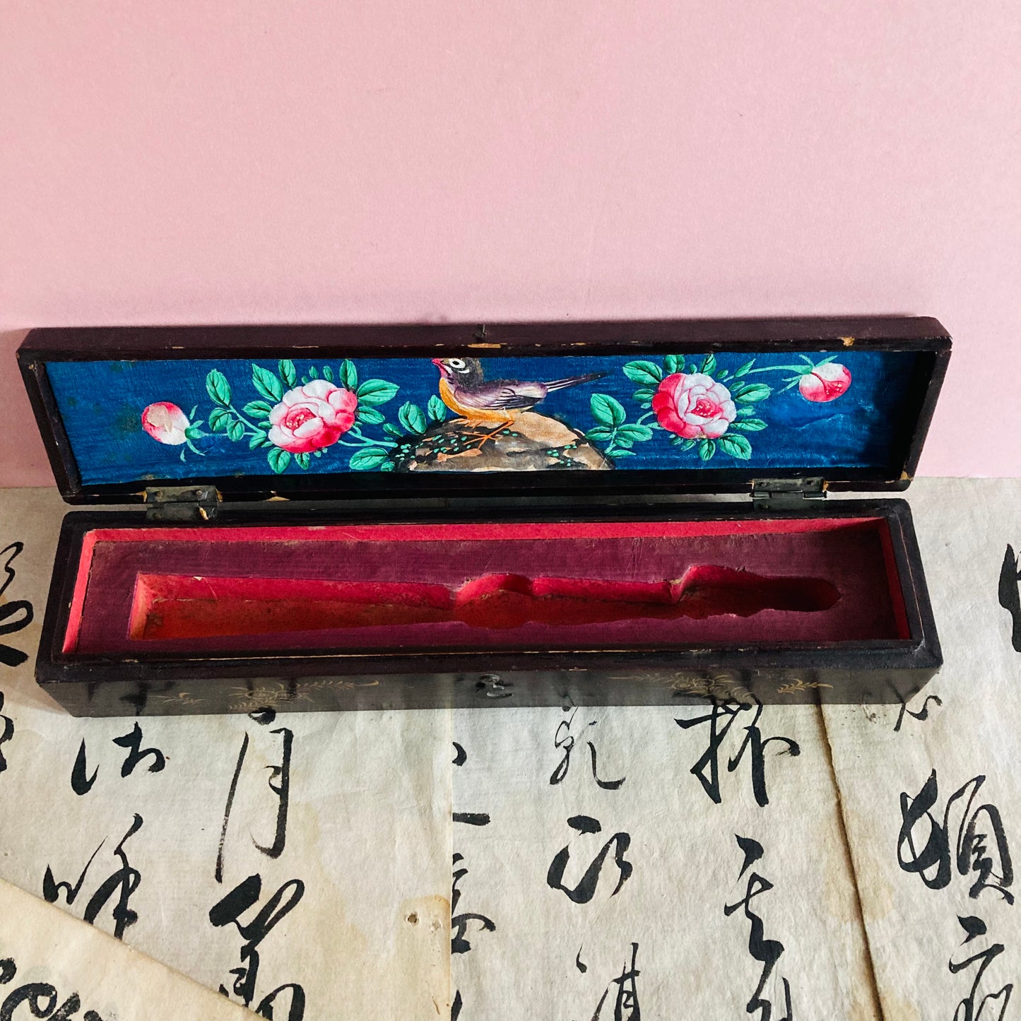 Antique Lacquered Hand Painted Oriental Chinese Fan Box Qing Dynasty