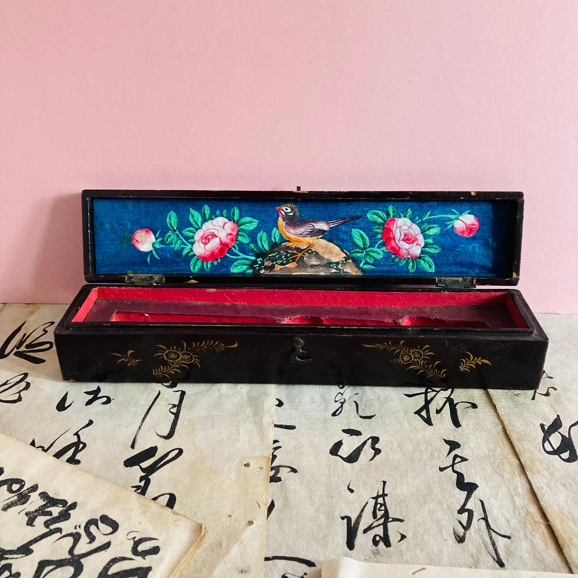 Antique Lacquered Hand Painted Oriental Chinese Fan Box Qing Dynasty