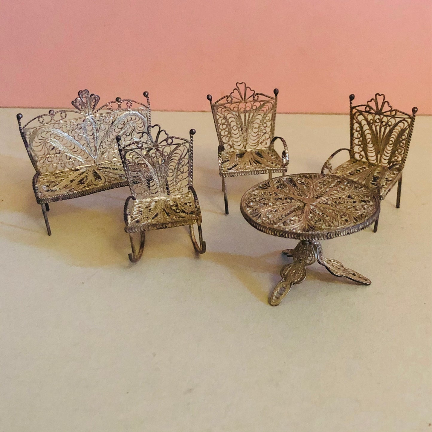 Antique Silver Miniature Filigree Set |  Rare Dolls House Furniture