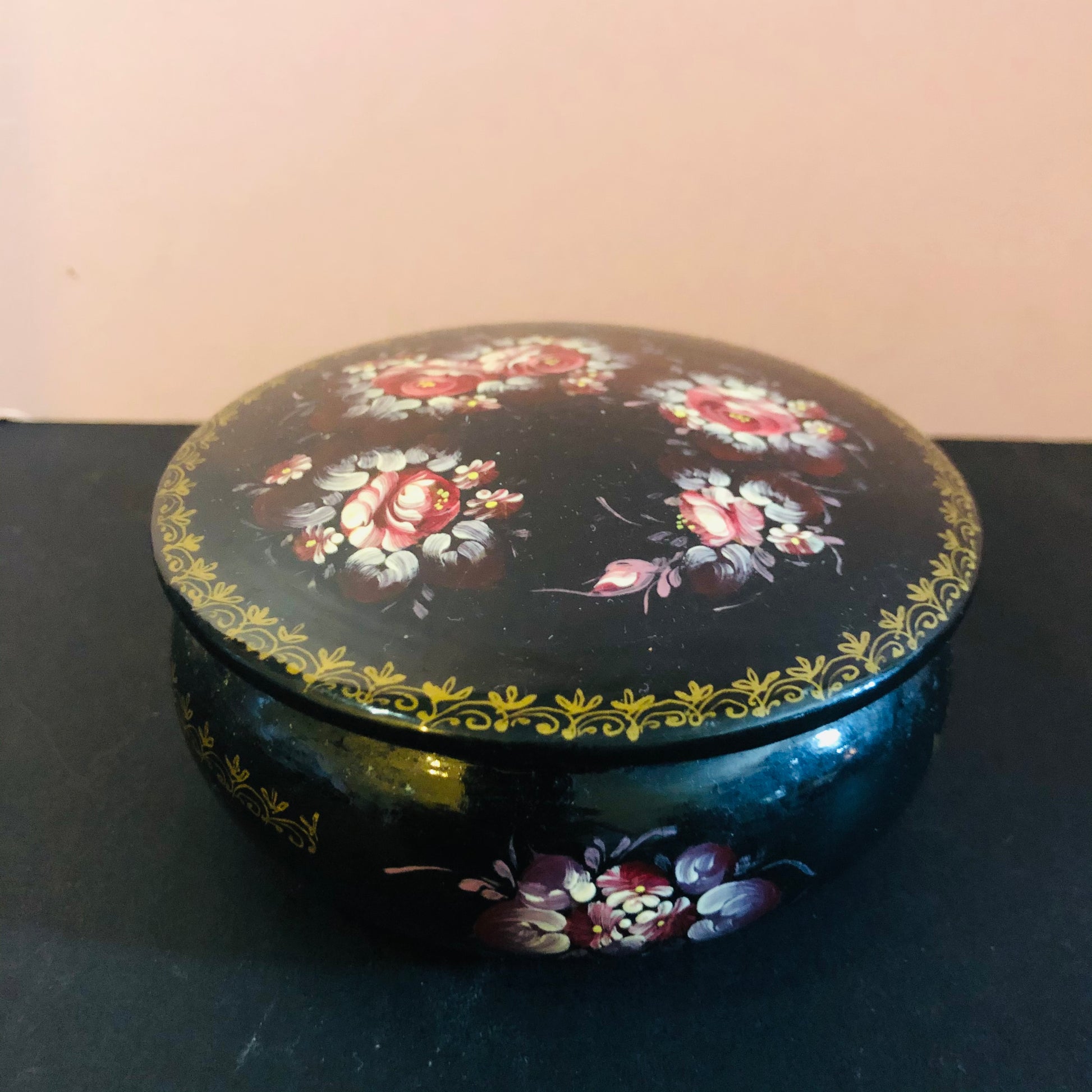 Antique Paper Mache Lacquer Signed Round Box St Petersburg Russia