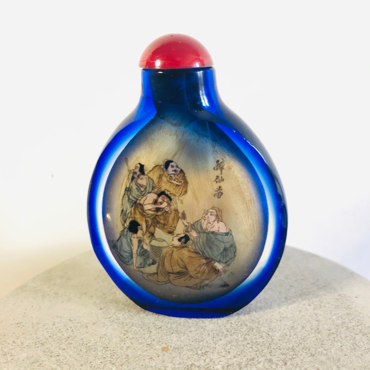 Antique Japanese Snuff Bottle | Blue Reverse Glass Painting