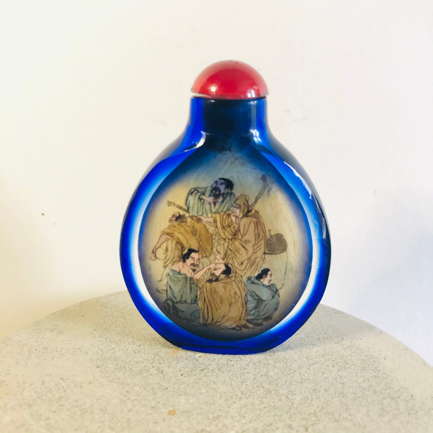 Antique Japanese Snuff Bottle | Blue Reverse Glass Painting