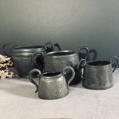 Antique English Pewter Engraved Sugar Bowls