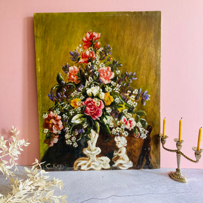 Vintage Pink Carnations Flowers with Cherub on Board