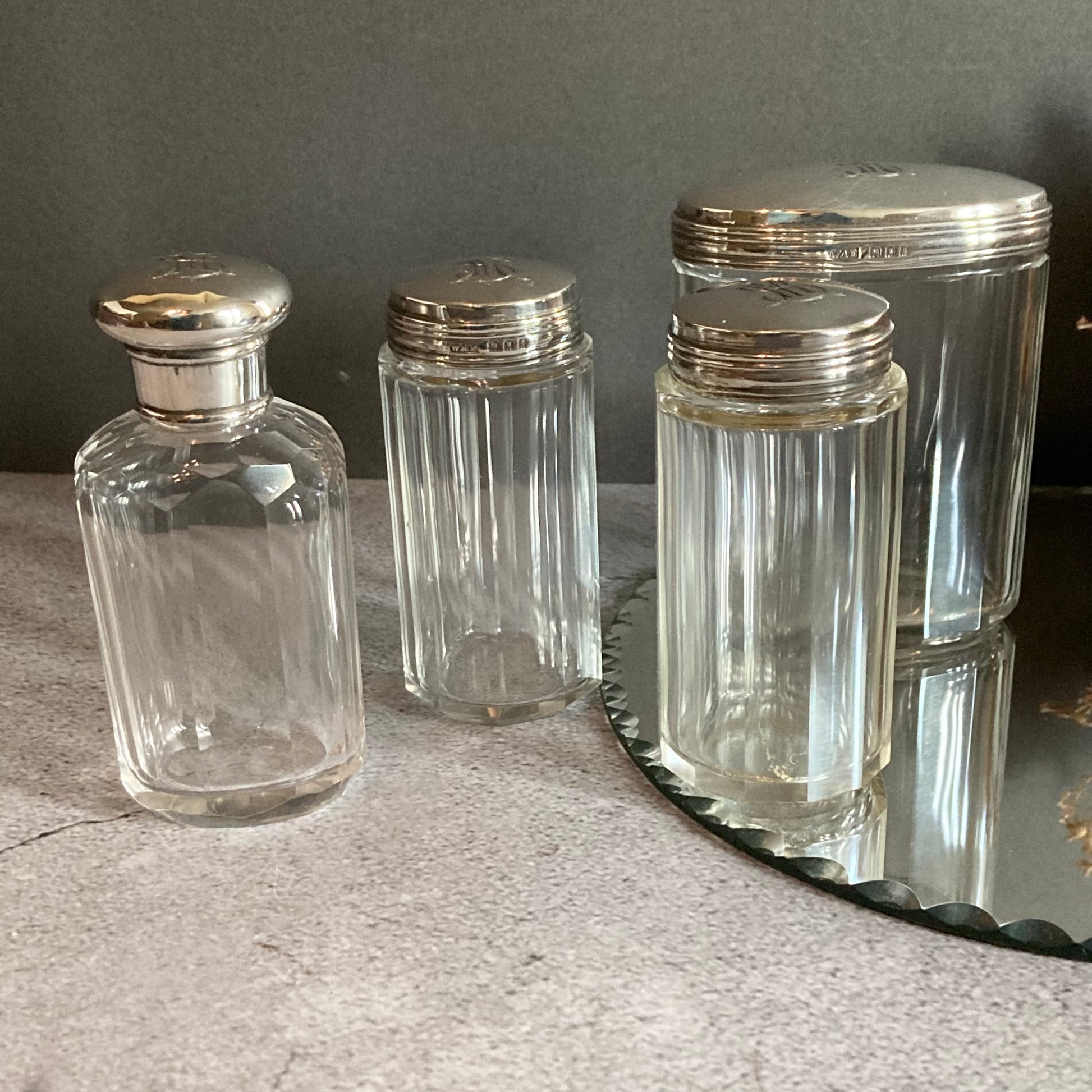 Antique Vanity Glass Jars. Solid Silver Lids. 1922 London