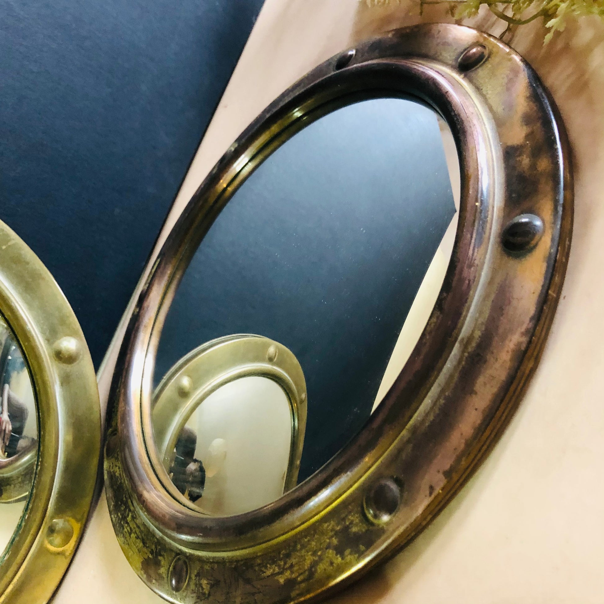 Vintage Brass Rim Porthole Convex Glass Mirror