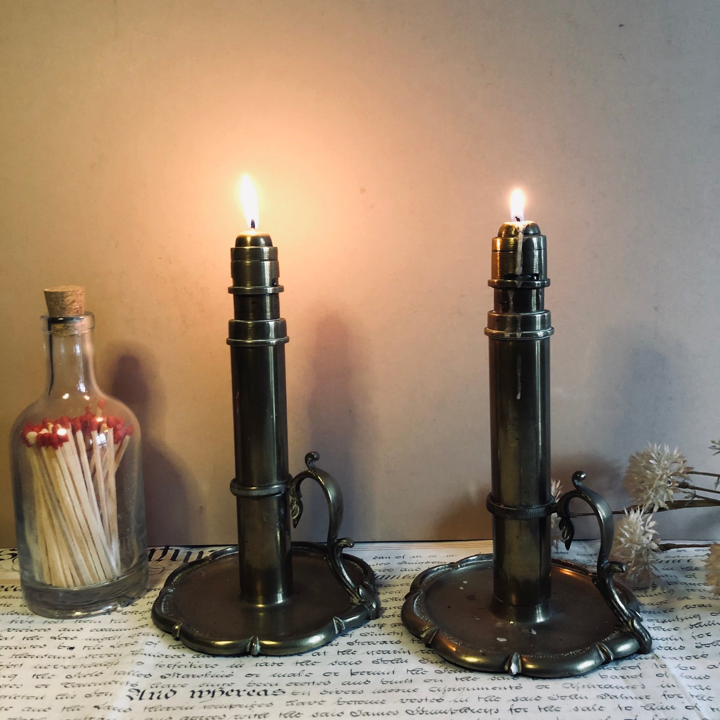 Antique Brass Spring Loaded Candlesticks