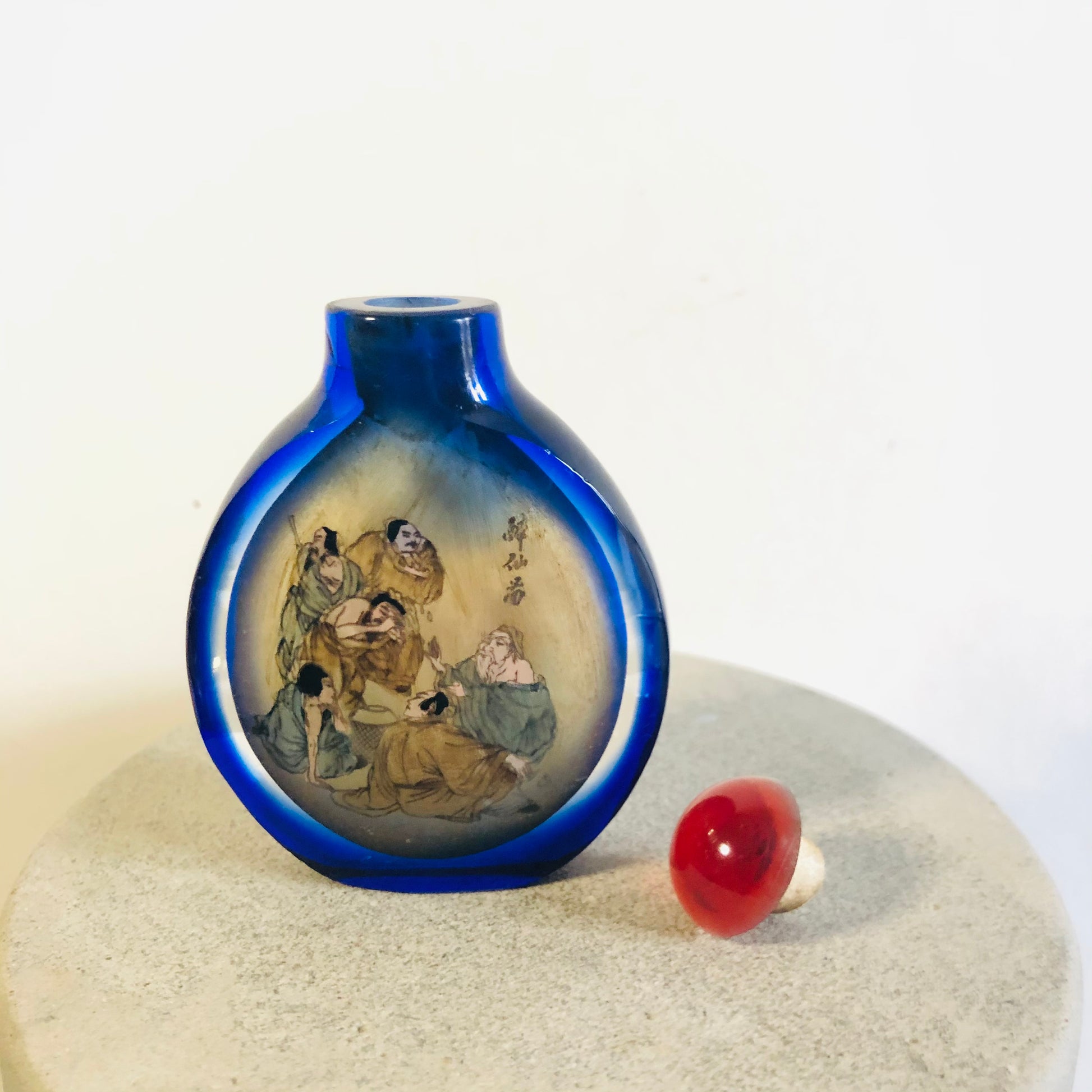 Antique Japanese Snuff Bottle | Blue Reverse Glass Painting