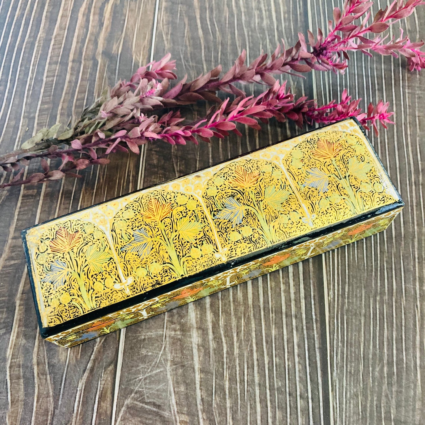 Vintage Paper Mache Kashmir Long Box | Pencil Case