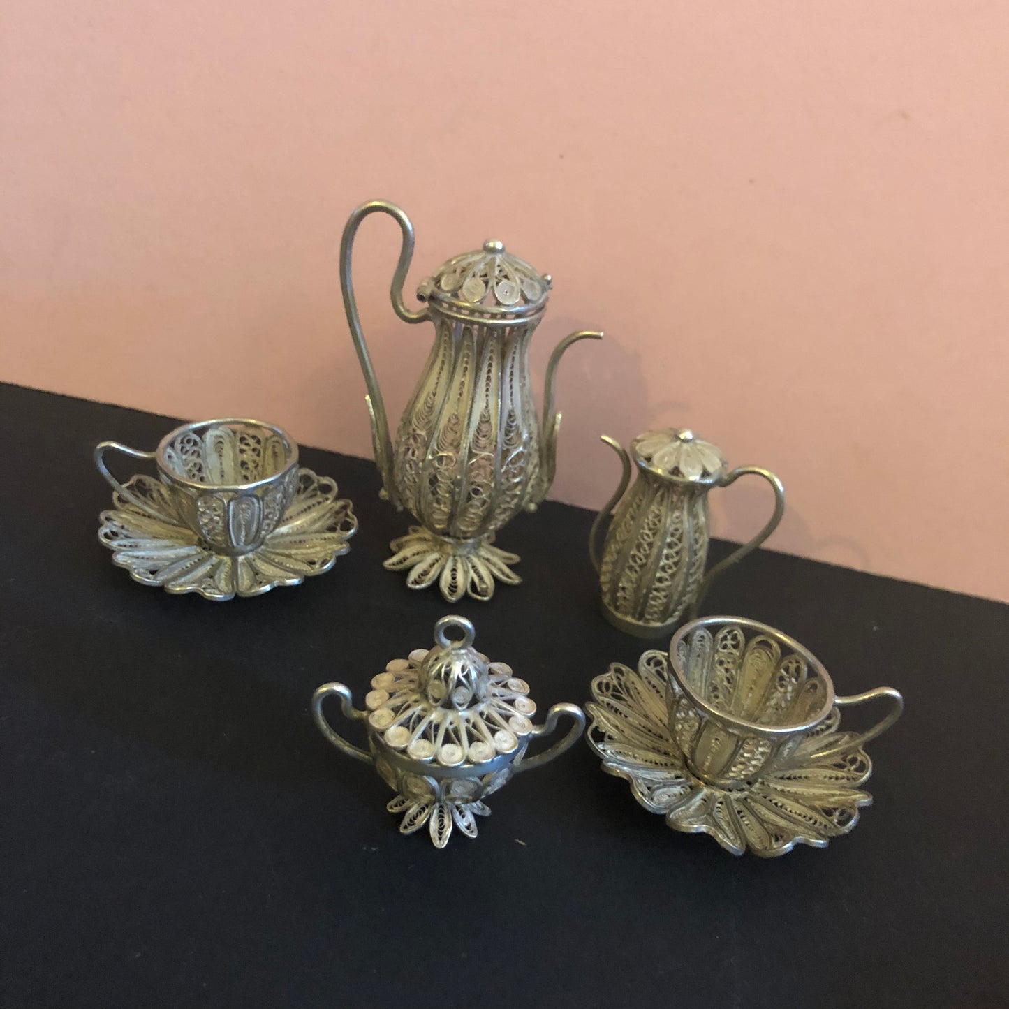 Antique Silver Miniature Filigree Set |  Rare Dolls House Furniture