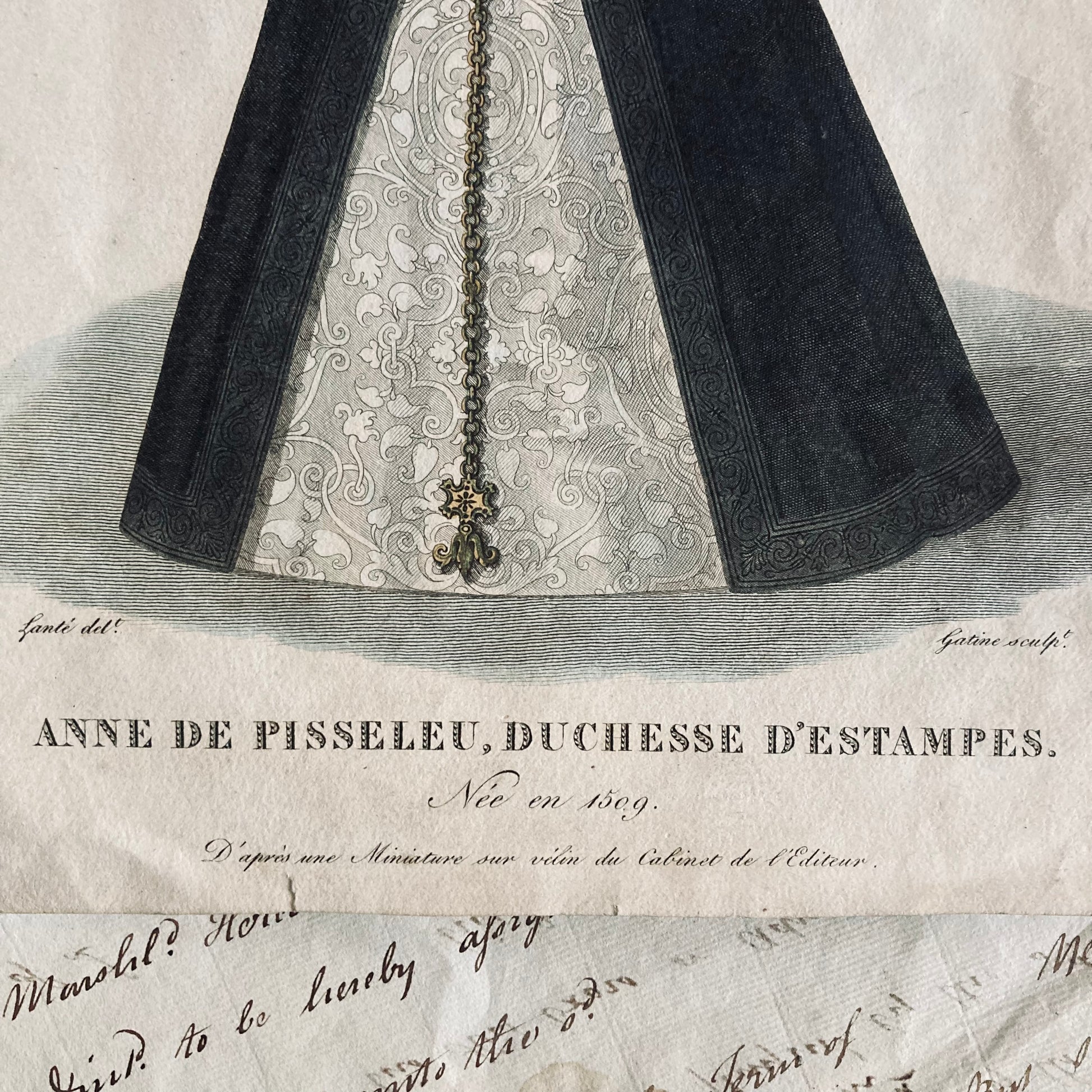 Original Antique Lithograph Design Anne de Pisseleu, Duchess of Etampes