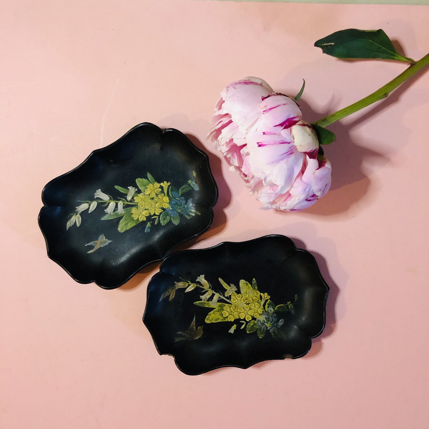Antique Paper Mache Lacquer Scalloped Dishes with Hand Painted Flowers