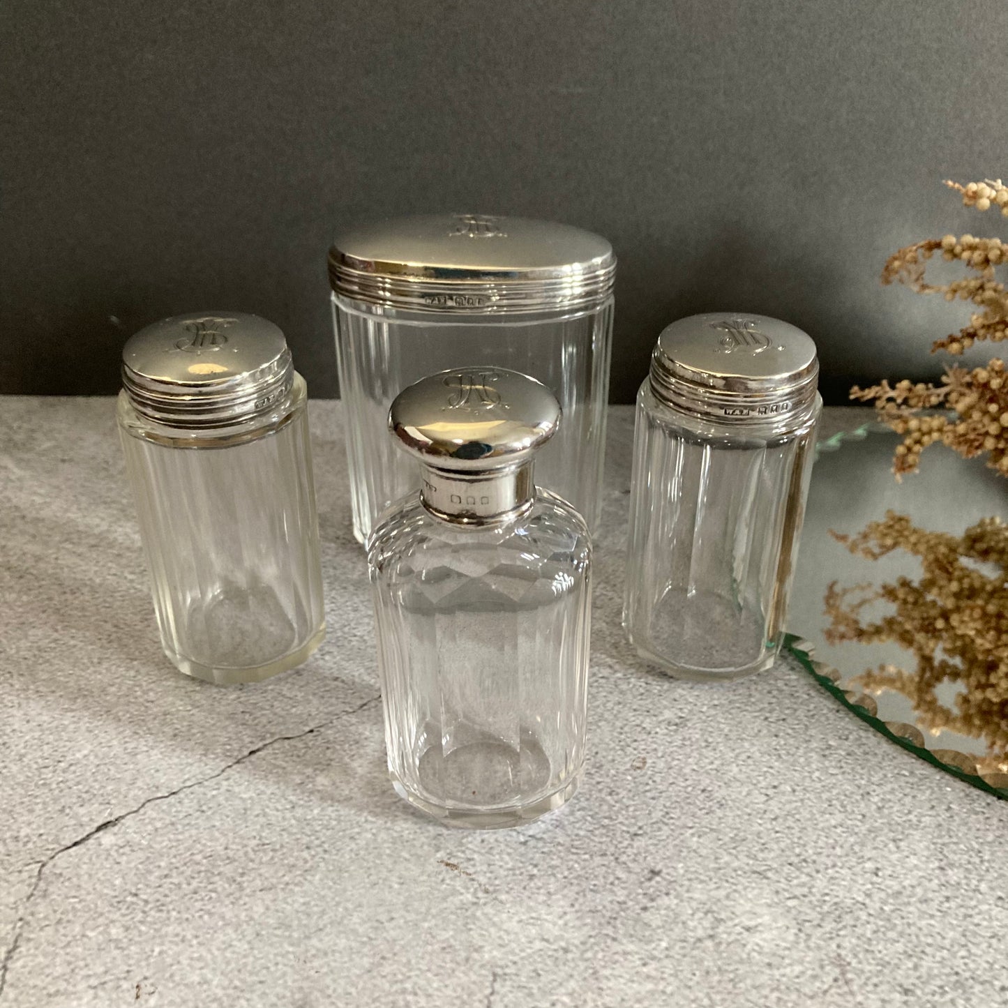 Antique Vanity Glass Jars. Solid Silver Lids. 1922 London