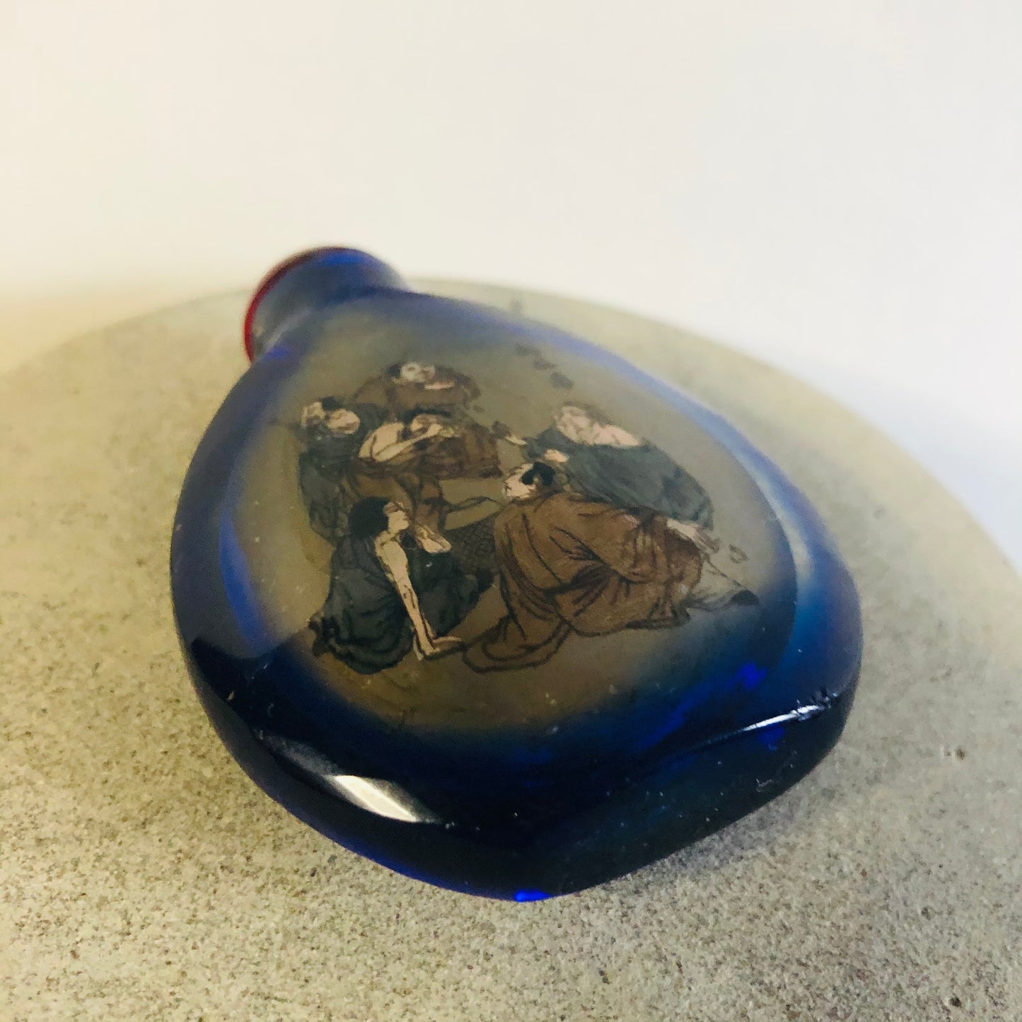 Antique Japanese Snuff Bottle | Blue Reverse Glass Painting