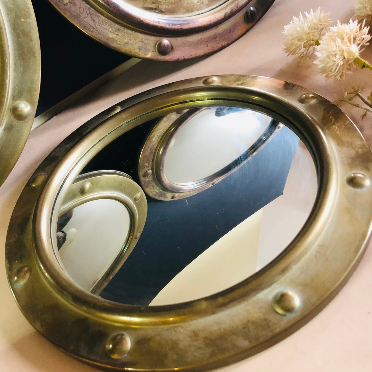 Vintage Brass Rim Porthole Convex Glass Mirror