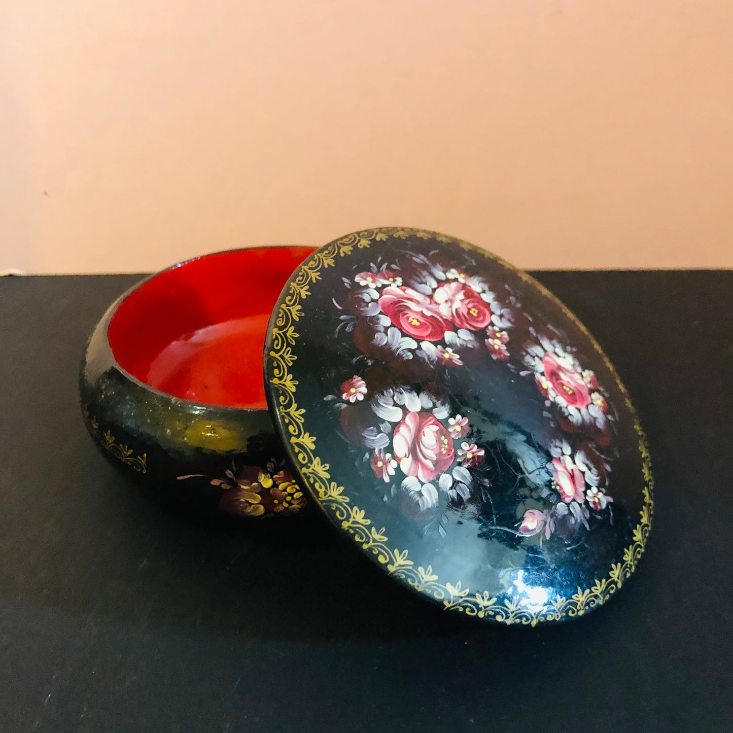 Antique Paper Mache Lacquer Signed Round Box St Petersburg Russia