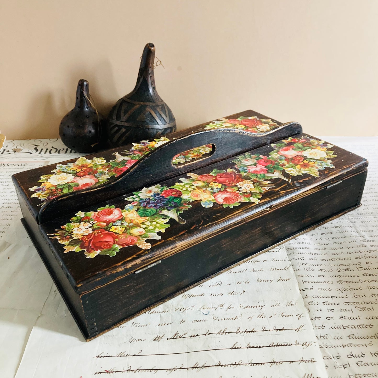 Vintage Wooden Tool Box With Handmade Decoupage Floral Decoration