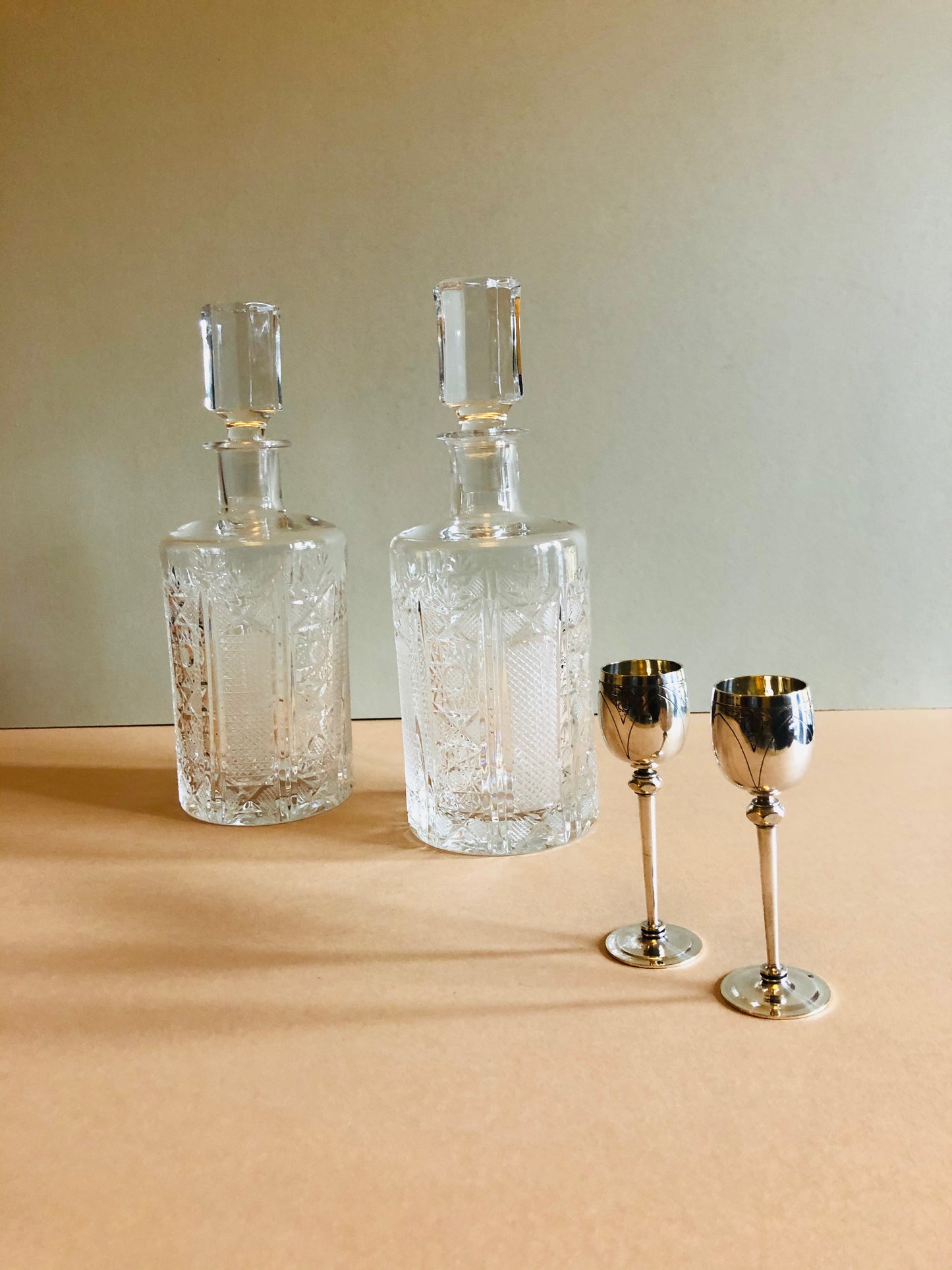 The Artist Charlotte - Pair of Vintage Crystal Cut Decanters