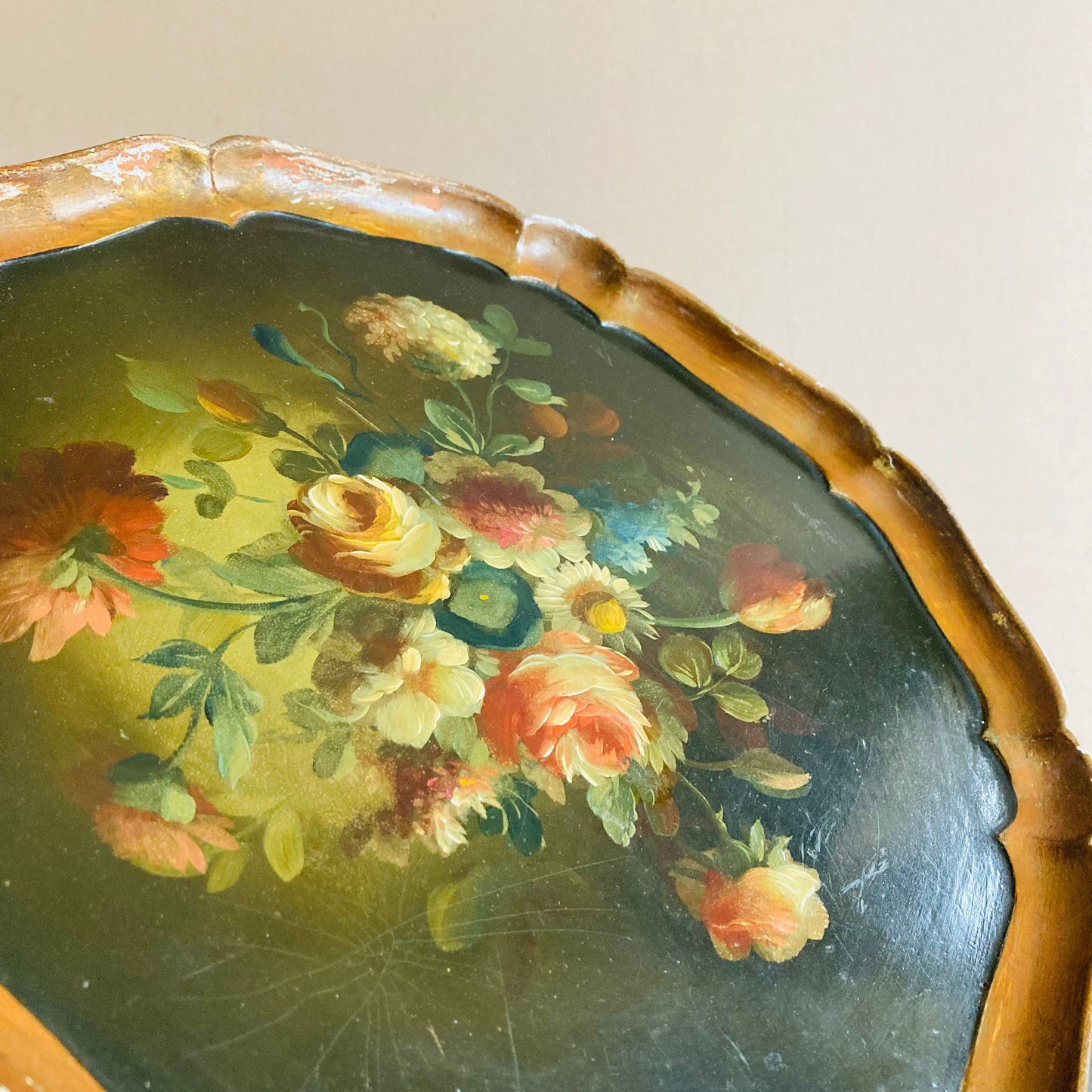 Antique Scalloped Paper Mache Floral Tray