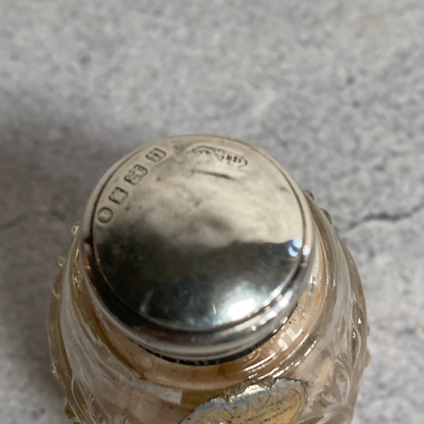 Antique Silver Topped Lavender Salts Bottle With Contents