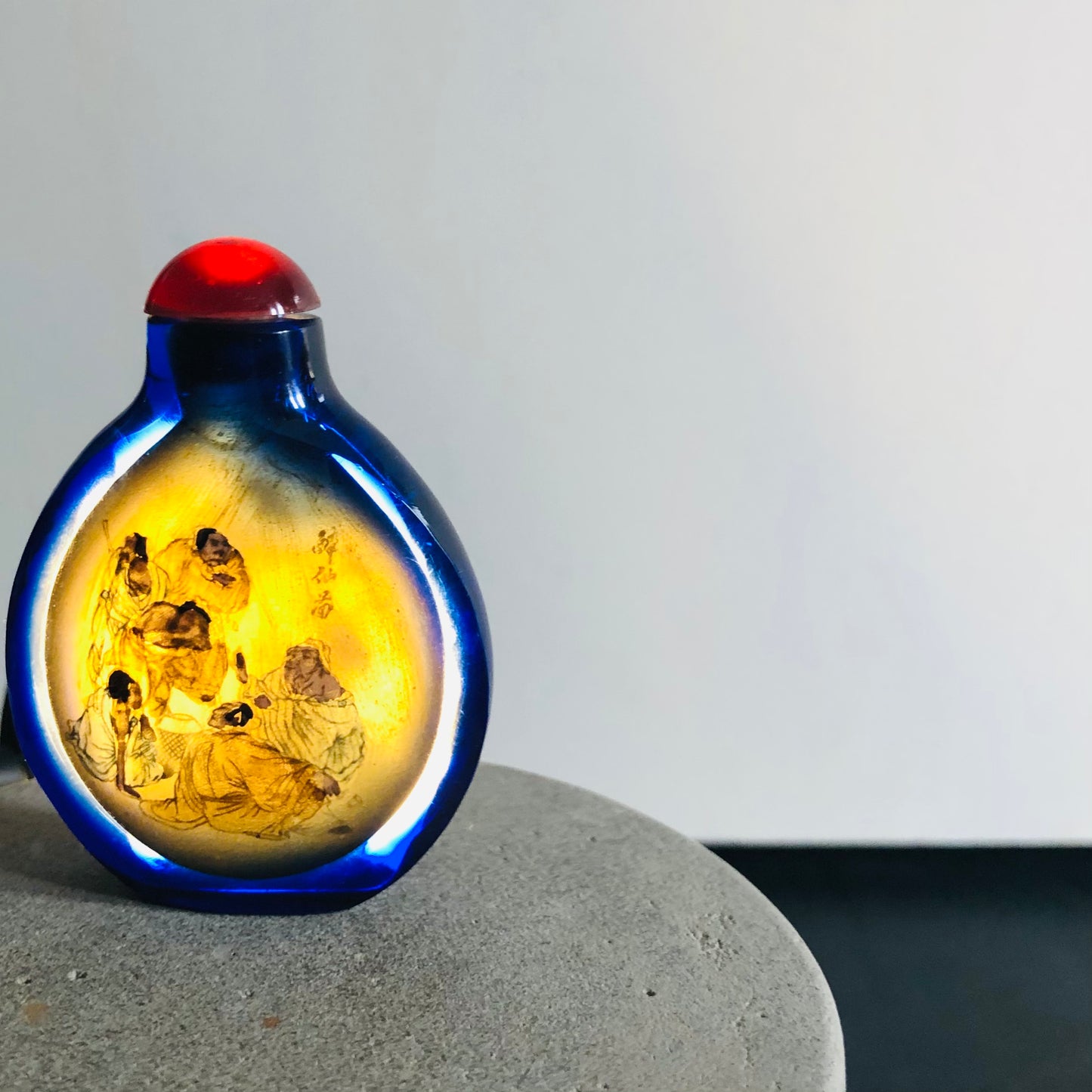 Antique Japanese Snuff Bottle | Blue Reverse Glass Painting