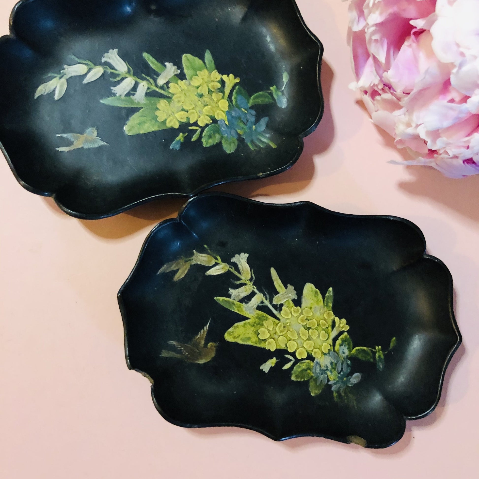 Antique Paper Mache Lacquer Scalloped Dishes with Hand Painted Flowers