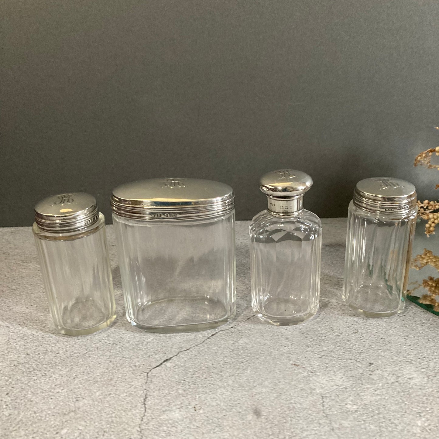 Antique Vanity Glass Jars. Solid Silver Lids. 1922 London