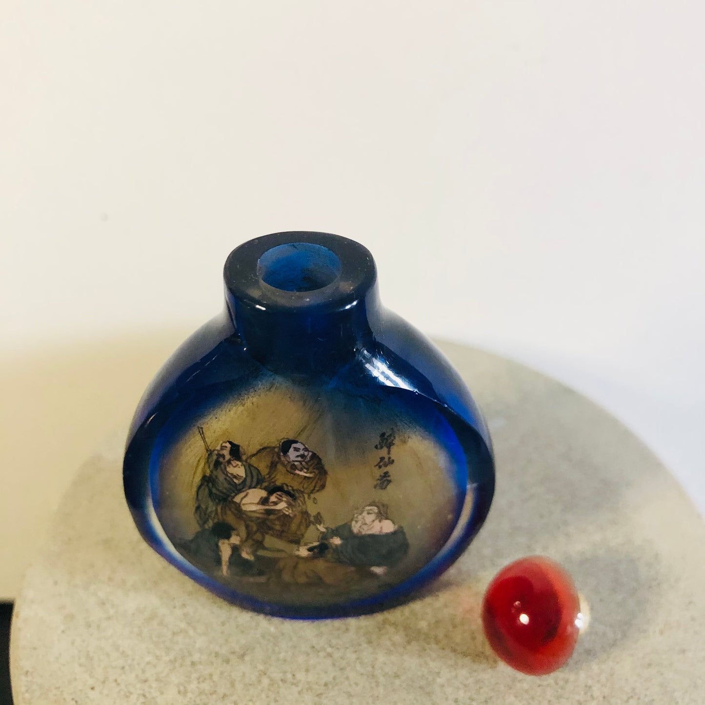 Antique Japanese Snuff Bottle | Blue Reverse Glass Painting