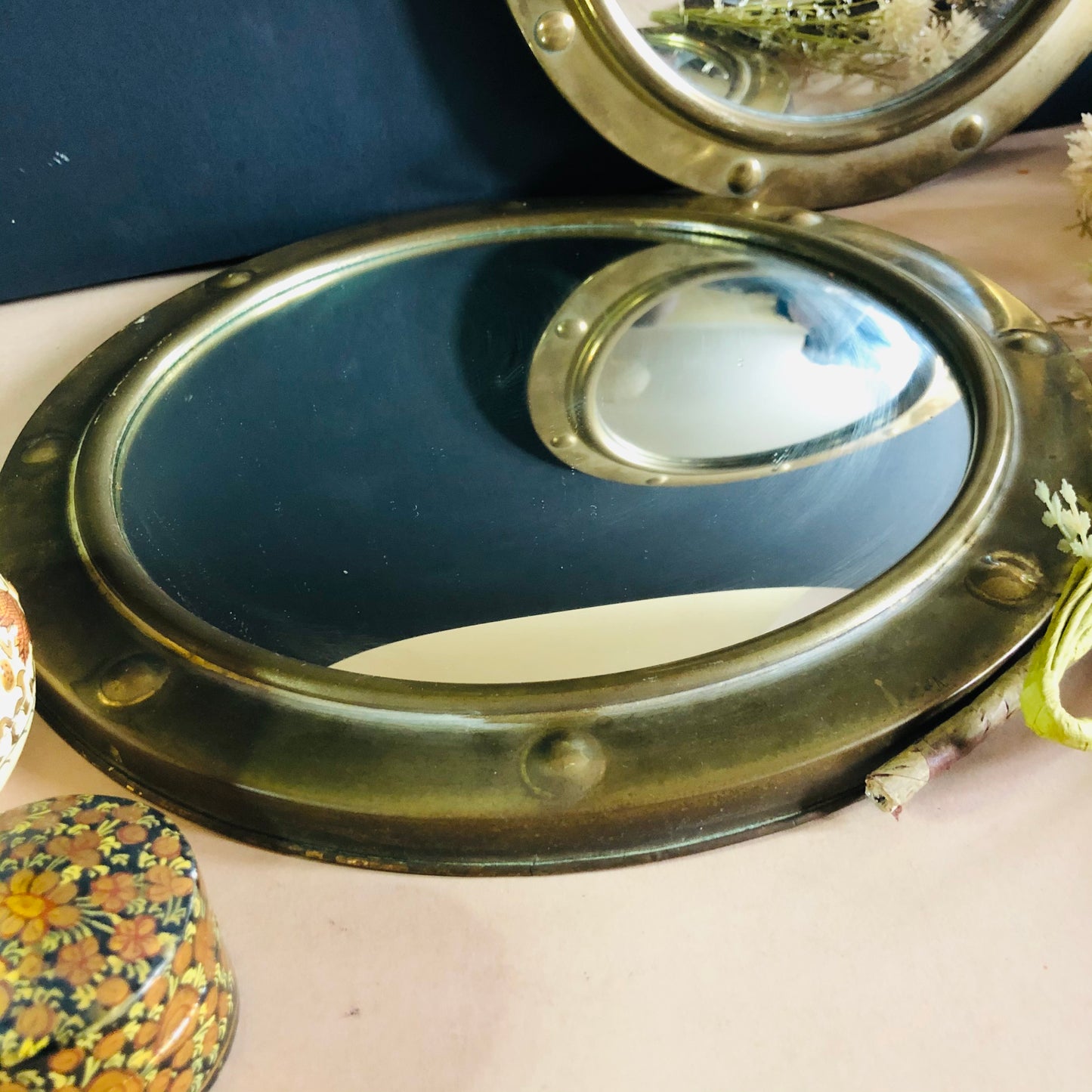 Vintage Brass Rim Porthole Convex Glass Mirror