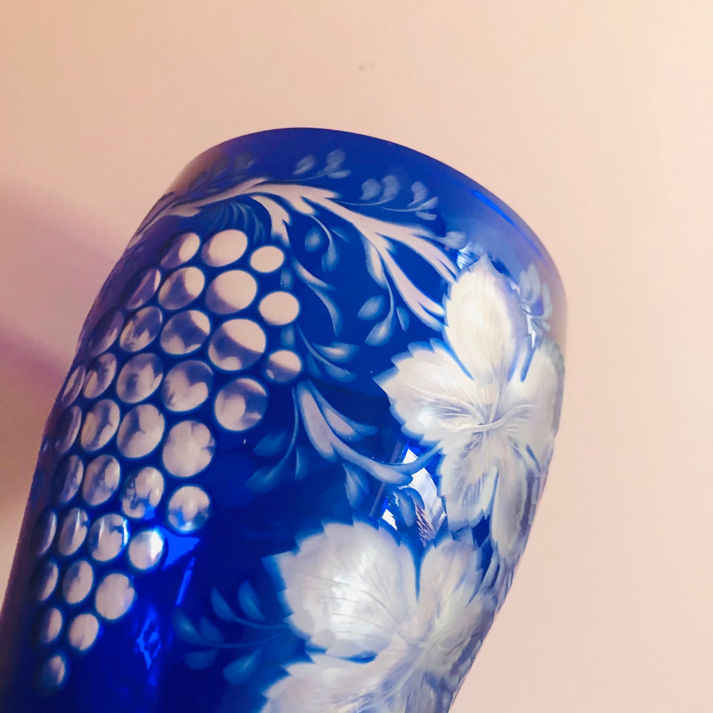 Vintage Bohemian Blue Cut Glass Vase