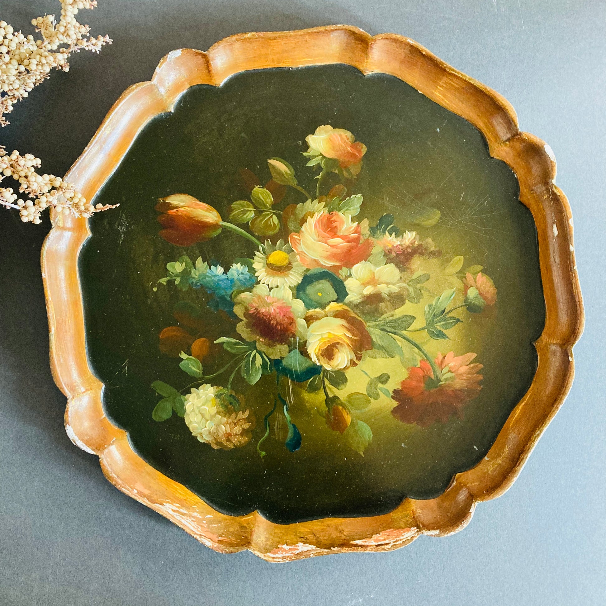 Antique Scalloped Paper Mache Floral Tray