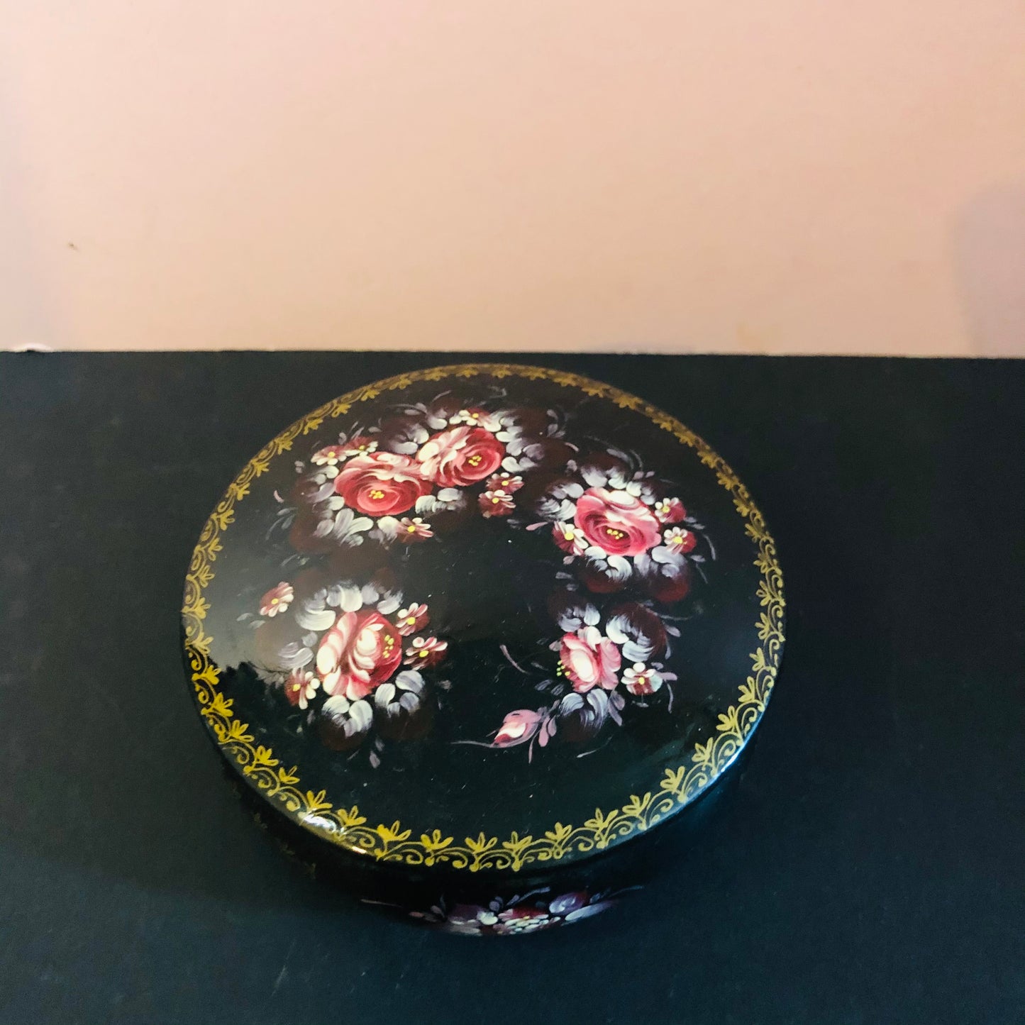 Antique Paper Mache Lacquer Signed Round Box St Petersburg Russia