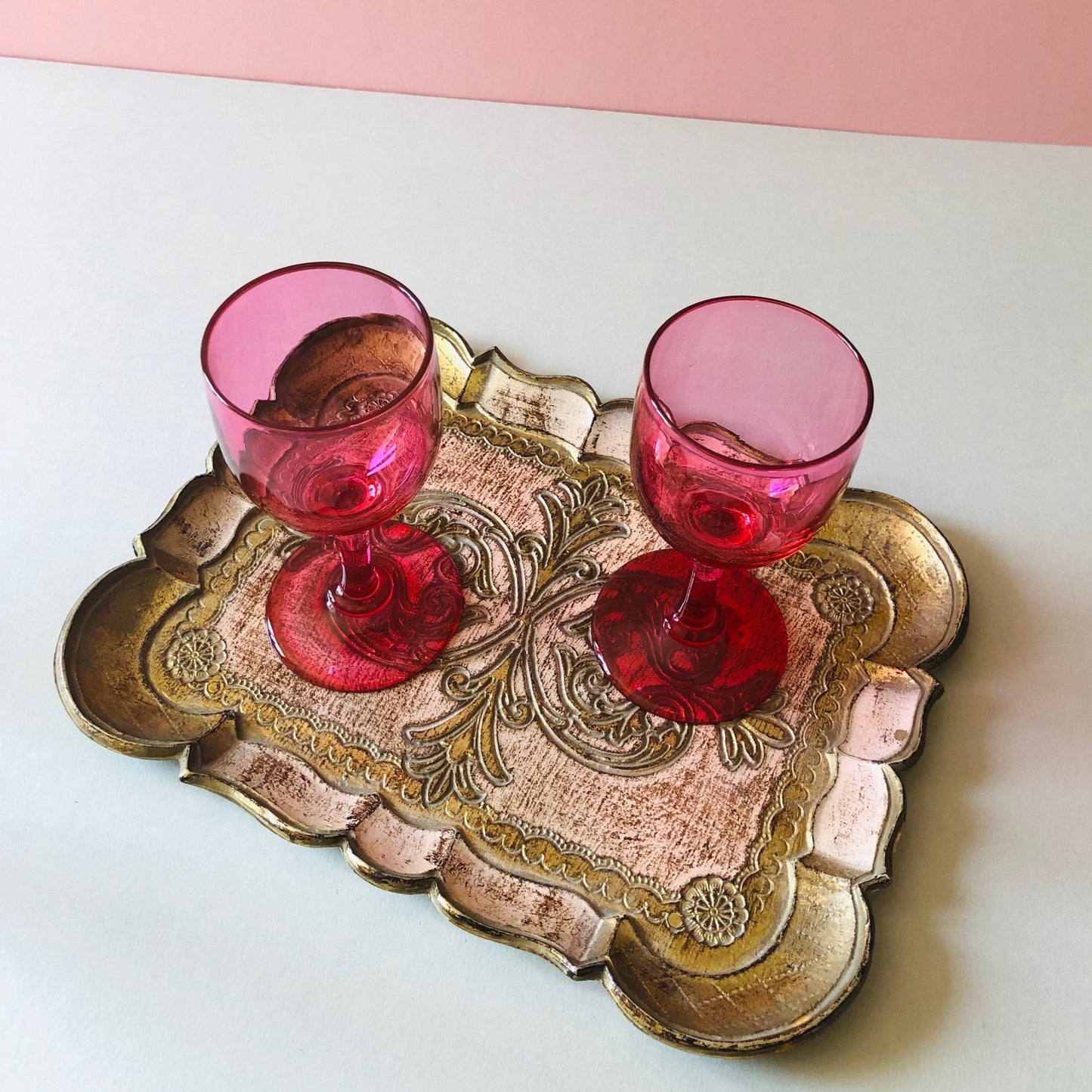 Antique Handblown Cranberry Pink Vintage Wine | Liquor Glasses 