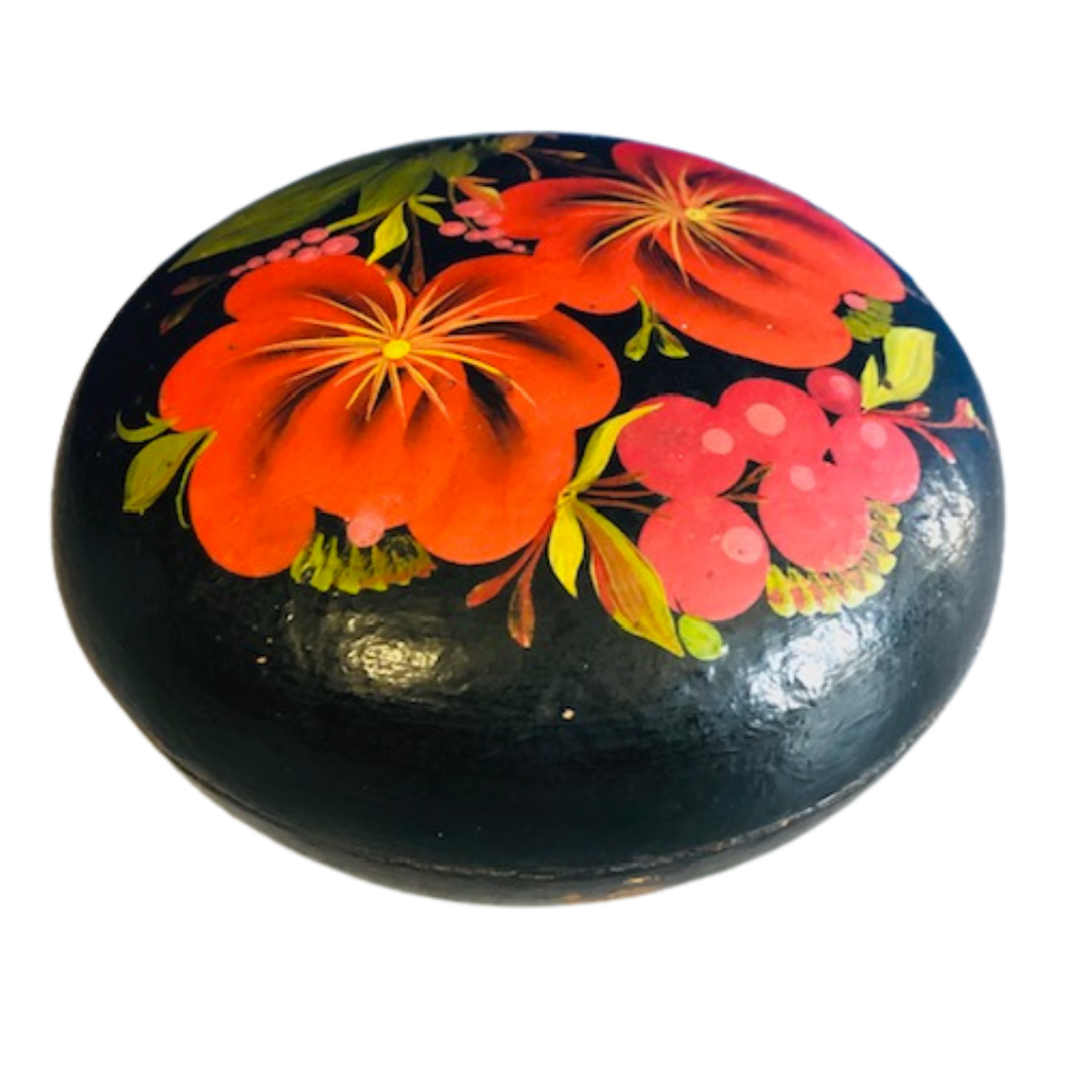 Vintage Paper Mache Lacquer Hand Painted Round Box Russia